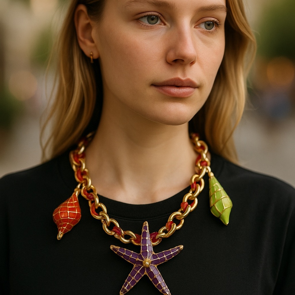 NWT Bold Statement Necklace with Starfish & Colorful Charms Bohemian - Picture 2 of 6